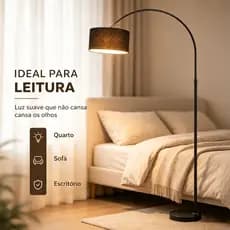 Luminária Decorativa de Chão Arco Preto Metal Cúpula Tecido Iluminação Suave para Ambientes Internos