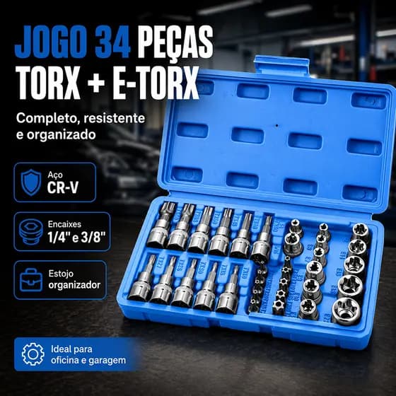 "Kit Soquetes 34 Peças Torx E E-Torx Aço CR-V Com Estojo Encaixe 1/4 E 3/8 "