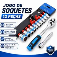 Jogo De Soquete Sextavado 1/2 Catraca 12 Peças 10 a 24mm com Extensão