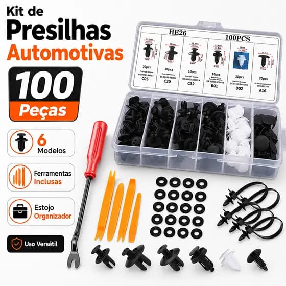 Kit 100 Peças Grampo Presilha Automotiva Prendedor Hibrido De Clipes De Fixação De Peças Pino Parachoque Carro Universal