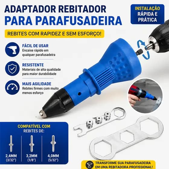Cabeçote Rebitador para Furadeira Parafusadeira Ferramentas Reparo Metal 4 bicos + Chaves