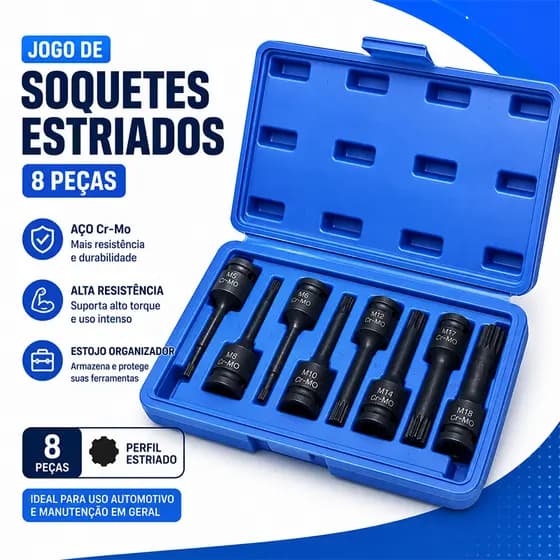 Jogo de Soquetes Estriados 8 Peças em Aço Cr-Mo M5 a M18 com Estojo Organizador