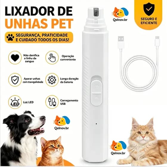 Lixador de Unha Eletrico para Cachorros e Gatos Lixa Pet USB Recarregavel Led