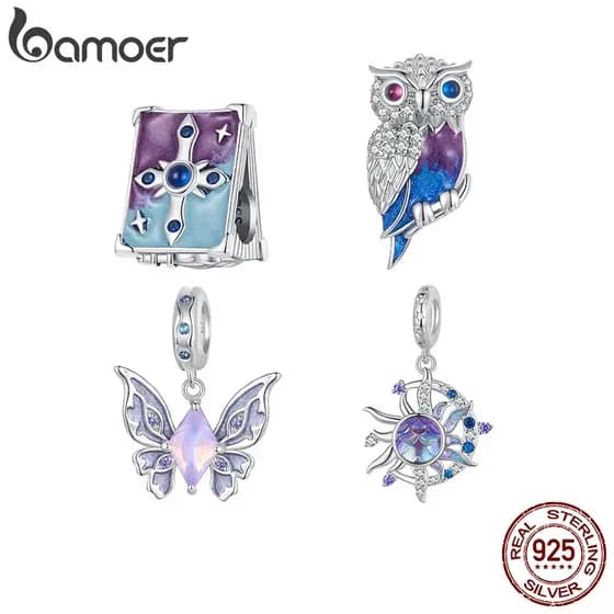 Bamoer 925 Sterling Sliver Charms Pendants Butterfly Sun and Moon Evil Eye Design Blue Purple Magic World Collection Ace