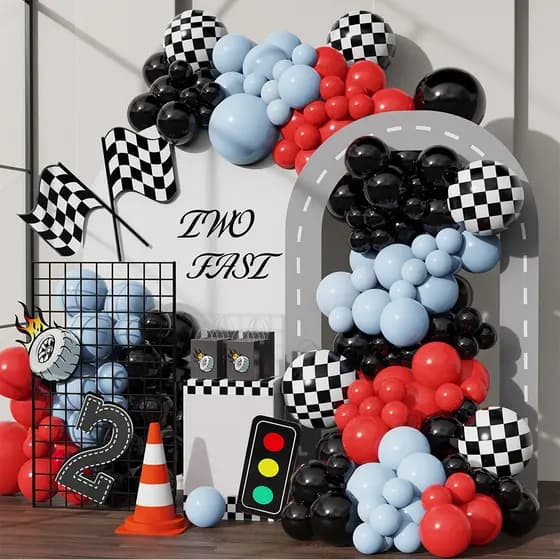 Conjunto de arco de balões com tema de corrida de 145 peças, cor macaron vermelho, balões de látex pretos e azuis, decor