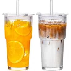 Copos de vidro de 20oz com canudos e tampas, pacote com 2 unidades, copos de vidro canelados, copos para café gelado à p