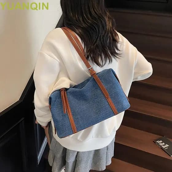 Bolsa Jeans YUANQINZT , Sacola De Couro PU De Grande Capacidade , Pacotes De Axilas De Cor Sólida Estilo Coreano