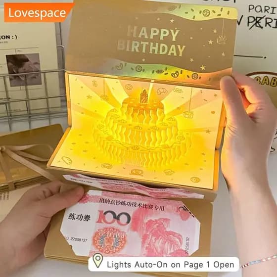 LS-STORE 3D Música Luz Cartão De Aniversário Criativo Pop Up Bolo Sorte Dinheiro Envelope Vermelho Com Leve Para Present