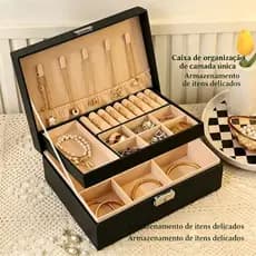 Caixa Organizadora de Joias Camada Única com Fechadura, Estojo Luxo em Couro PU para Brincos, Colares e Anéis, Armazenam