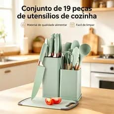 Kit Conjunto 19/12/6 Pçs De Utensílios Facas Silicone e Plástico Cozinha Jogo Completo Batedeira Colher Pegador
