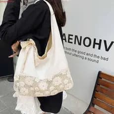 JUNYUE Bolsa De Tecido De Cor Sólida , Sacola Oca Flor Praia , Com Fita De Renda Ombro