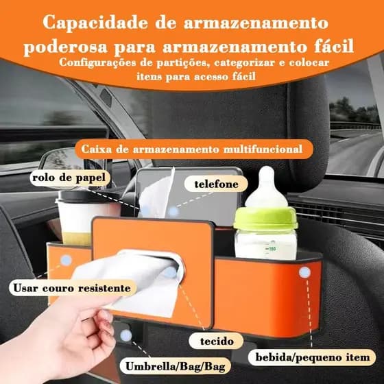 Organizador para banco de carro com suporte para copos, porta-lenços multifuncional e gancho