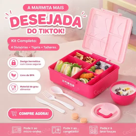 Marmita Box 4 Divisórias Hermética Sem BPA Com Tigela Talheres Marmita Escolar Micro-ondas