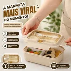 Marmita 3 divisórias PP seguro, aquecível no micro-ondas, talheres garfo e colher inclusos