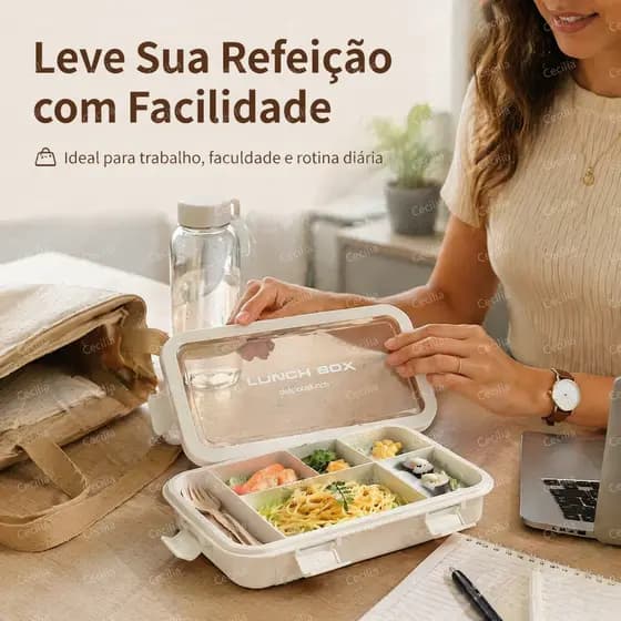 Marmita 5 divisórias em PP, ampla capacidade, compatível com micro-ondas, talheres inclusos para trabalho e piquenique