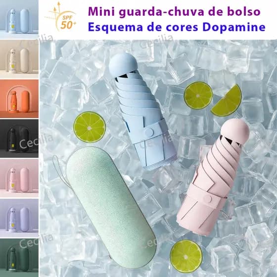 Guarda-Chuva Mini Capsula 5 Dobras - Para Sol e Chuva, Várias Cores e Acompanha Estojo
