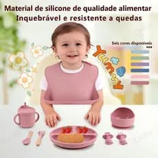 Conjunto de Silicone para Bebê 8 peças | Prato com Ventosa, Babador, Colher e Garfo | Livre de BPA