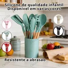 Kit 12/19 Peças Utensílios De Cozinha Colheres Espatula Silicone Cabo Madeira Decoração Livre BPA