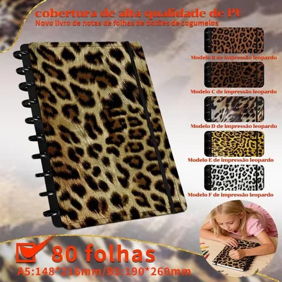 Caderno destacável A5/B5 com relevo de Estampa de leopardo e capa dura personalizada 80 folhas