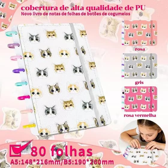 Caderno destacável A5/B5 com relevo de gatinho e capa dura personalizada 80 folhas