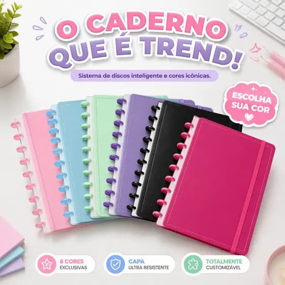 Caderno Grande tipo Inteligente 8/10/11 Discos Capa Dura 80 Folhas Pautadas Escolar Planner Diário