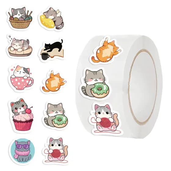 500 peças, 10 designs, rolo/fita de adesivos de gatinhos fofos XFWT