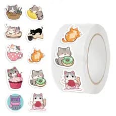 500 peças, 10 designs, rolo/fita de adesivos de gatinhos fofos XFWT