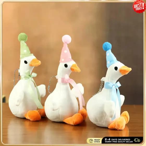 Chaveiro de Pato de Pelúcia com Chapéu de Festa Fofo - Pingente Macio para Bolsa e Chaveiro 7FMZ
