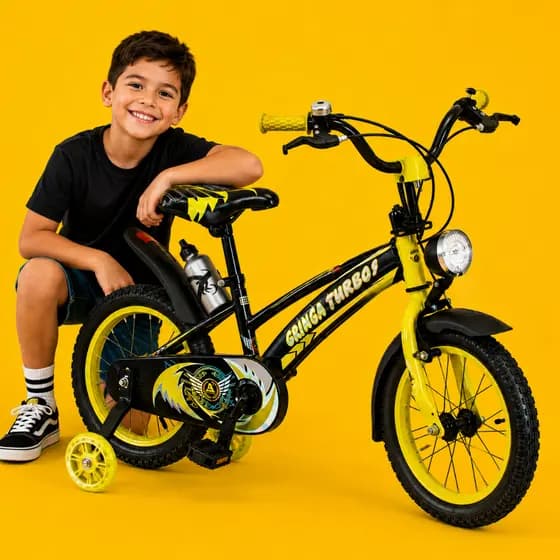 Bicicleta Infantil Aro 14 Old School Amarela 3 a 7 Anos LED + Pneu Grosso + Farol + Rodinhas + Freio V-Brake Completa