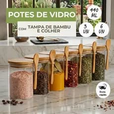 Kit 3 E 6 Potes De Vidro Herméticos Condimentos 440 ML Com Tampa De Bambu E Colher