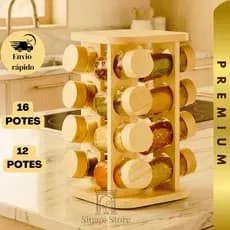 Porta Condimentos E Temperos de Bambu Premium 12 16 Potes De Vidro Com Tampa Dosadora Base Giratória Para Cozinha