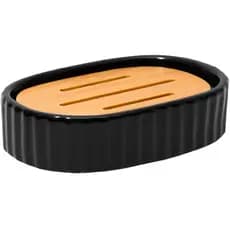 Saboneteira Cerâmica Canelada Tampa Bambu Porta Sabonete Sabão Banheiro Lavabo Organizador Bancada Premium Elegante Luxo