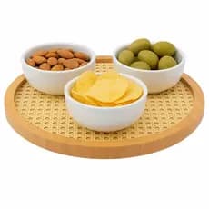 Bandeja Tábua Giratória Bambu Palhinha 30cm Redonda Mesa Posta Servir Petiscos Frios Café da Manhã Decoração Elegante