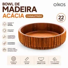 Bowl Madeira Acácia Canelado 22cm Tigela Cumbuca Saladeira Fruteira Resistente Cozinha Mesa Posta Gourmet Decoração