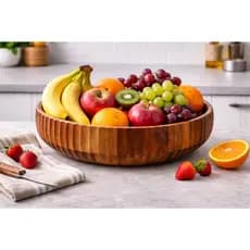 Bowl Madeira Acácia 30,5cm Canelado Grande Saladeira Fruteira Mesa Posta Servir Alimentos Rústico Gourmet