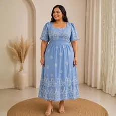 Vestido Longo Feminino Plus Size Bordado Decote Quadrado Manga Soltinha Cintura Marcada elegante evangélica