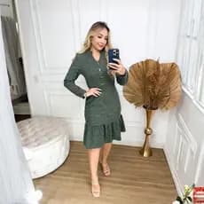 Vestido Malha Rib Midi Ajustado Manga Larga Elegante com Botões de enfeite  Moda Evangélica Casual Formal Feminino