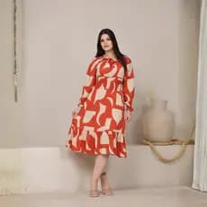 Vestido Midi Feminino Estampado Manga Longa com Elastex na Cintura e Forro