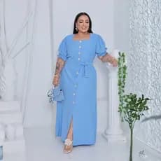 Vestido Longo Feminino Evangélico Elegante Moda Modesta Manga Curta Bufante com Botões e Faixa na Cintura