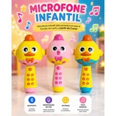 Microfone Infantil Karaokê Bluetooth Conta Histórias com Luzes e Musica Pato Led Sem Fio