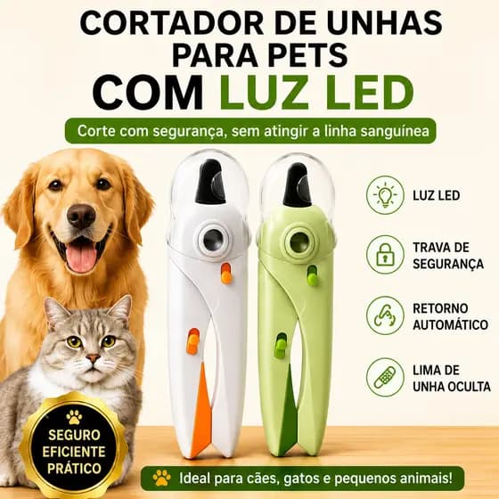 Cortador de Unhas para Cães e Gatos com Luz LED, Trava de Segurança e Lima Integrada
