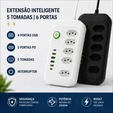 Filtro de Linha Multifuncional 5 Tomadas 4 USB 2 USB-C PD Proteção Contra Sobrecarga