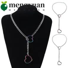 MENGXUAN1 Colar em forma de coração, corrente cubana longa ajustável, corrente para clavícula, anel de sinete estilo pun