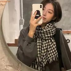 Cachecol Houndstooth De Malha HUIJIANG , Lenço Xadrez Y2K À Prova De Vento Estilo Coreano , Xale De Caxemira De Inverno