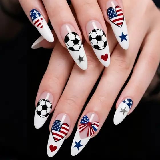 Amêndoa vermelho branco azul contraste cor futebol bandeira americana tema wearable prego encaixotado Manicure remendo e