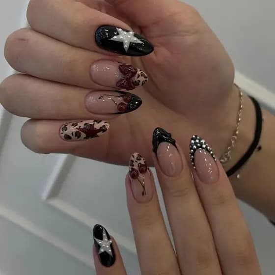 Arco de unha vestível de comprimento médio, estampa de leopardo francês, estrela, Manicure, produto acabado de unha fals