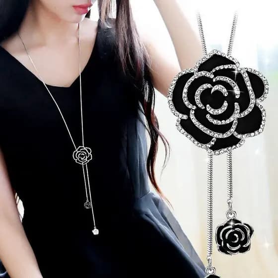 Colar longo com pingente de flor rosa preta vintage, uma joia clássica de moda para usar com suéteres, para mulheres.