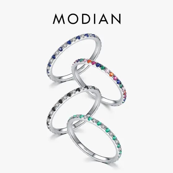 Anel Feminino Modian Rainbow Color CZ Empilhável Elegante 4 Cores Anel de Noivado e Casamento em Prata Esterlina 925 Joi