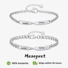 Pulseira de Casal Mobius Personalizada com Nome Meaeguet, Corrente de Aço Inoxidável Prateada, Joia Hipoalergênica para