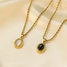 Colar feminino de aço titânio com ágata preta vintage estilo francês HT, corrente de clavícula de aço inoxidável de alta